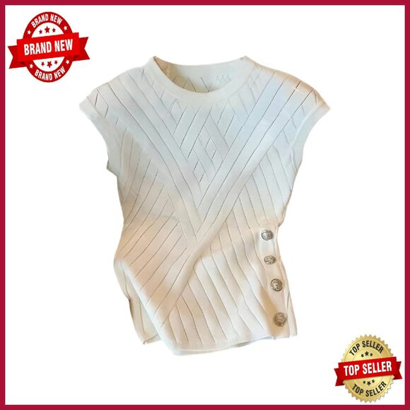 Women's Knit Pullover Hollow Out Cap Sleeve Button Decor Summer Top